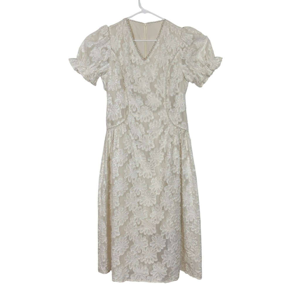 Floral Lace Midi Dress Womens XL Cream Pearl Trim Puff Sleeve Romantic Bridal